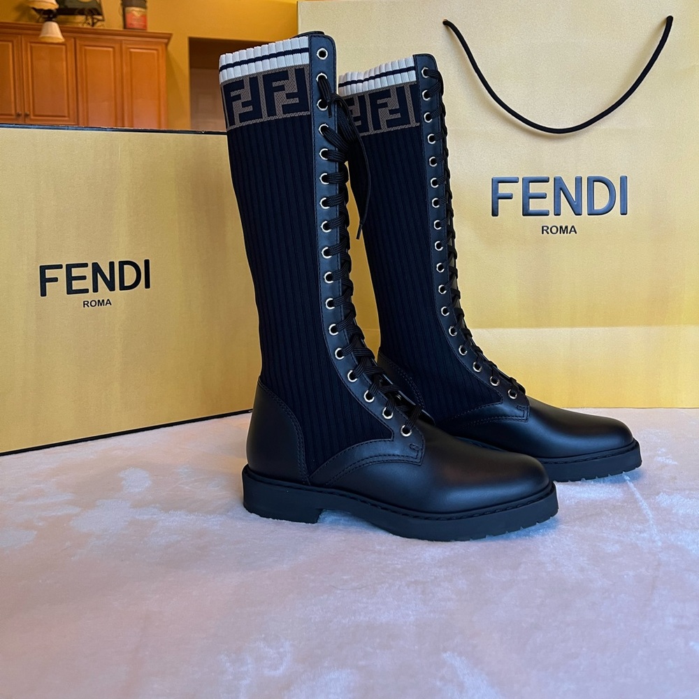 Fendi Combat Boot/Calf Leather Black Marine NWT